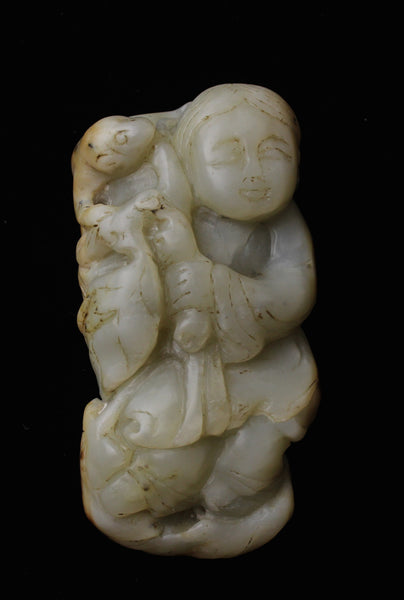 White Jade Traveller with Monkey Toggle